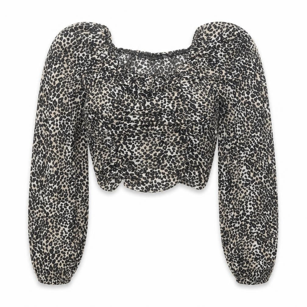 Boohoo Womens Black Animal Print Polyester Cropped Blouse Size 6 Round Neck - Leopard Pattern
