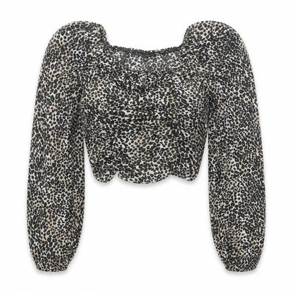 Boohoo Womens Black Animal Print Polyester Cropped Blouse Size 6 Round Neck - Leopard Pattern