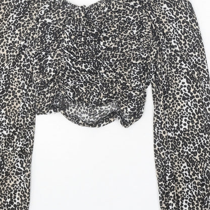 Boohoo Womens Black Animal Print Polyester Cropped Blouse Size 6 Round Neck - Leopard Pattern