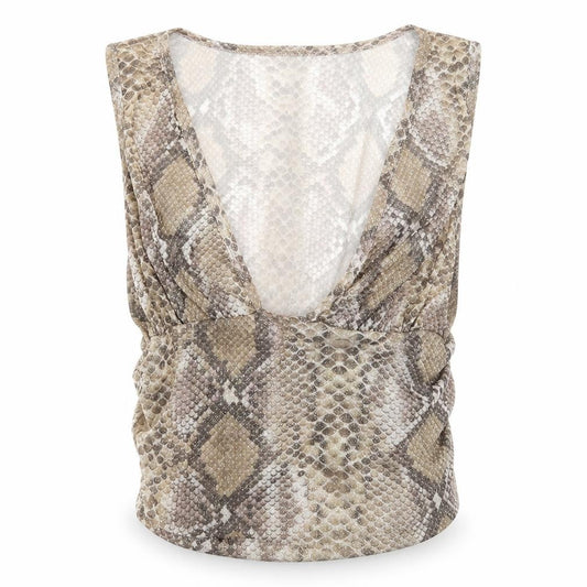Boohoo Womens Green Animal Print Viscose Cropped Blouse Size 12 V-Neck - Snake print