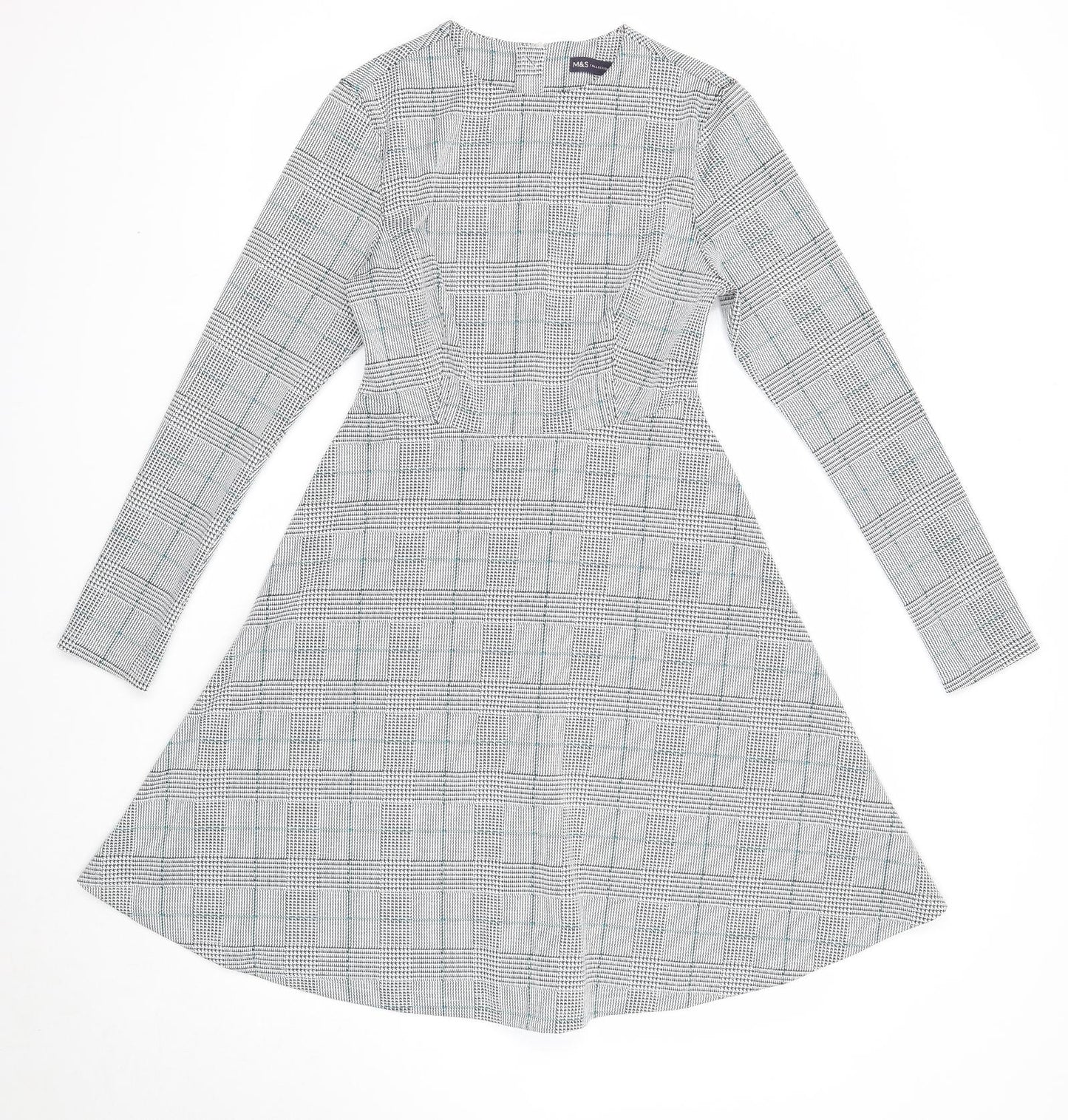 Marks and Spencer Womens White Plaid Polyester Fit & Flare Size 8 Round Neck Zip