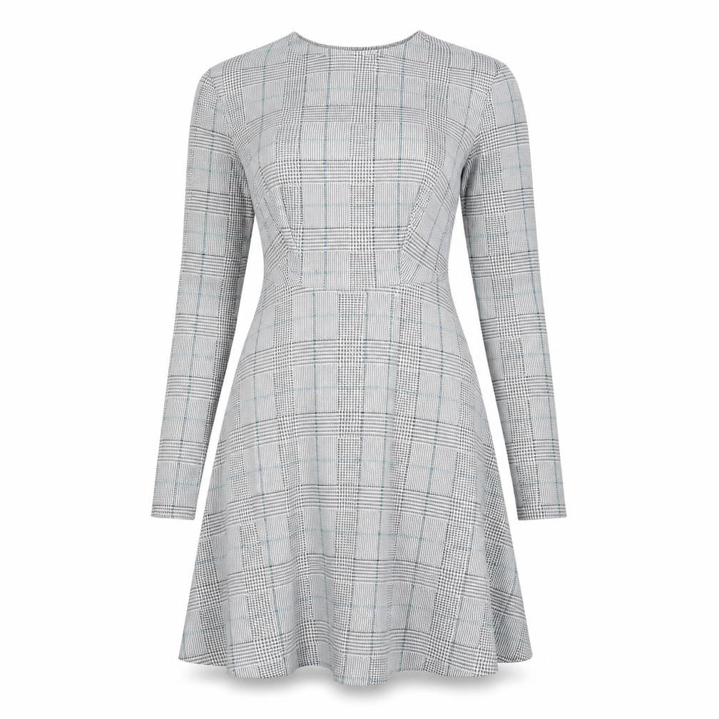 Marks & Spencer Womens White Plaid Polyester Fit & Flare Size 8 Round Neck Zip