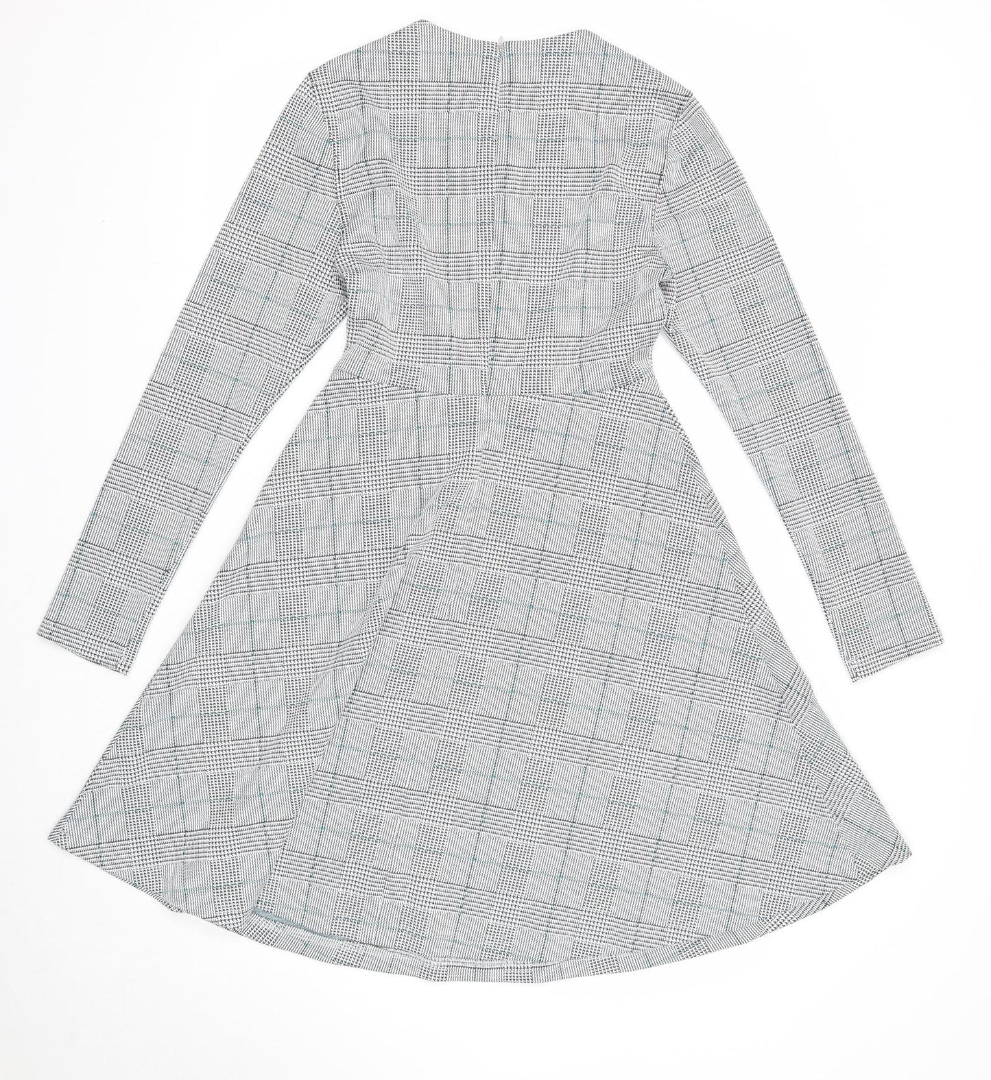 Marks and Spencer Womens White Plaid Polyester Fit & Flare Size 8 Round Neck Zip