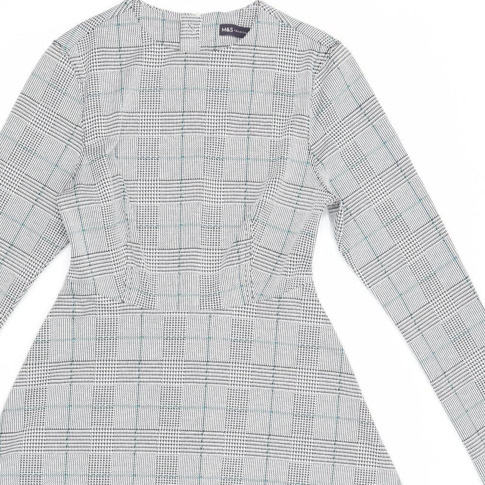 Marks and Spencer Womens White Plaid Polyester Fit & Flare Size 8 Round Neck Zip