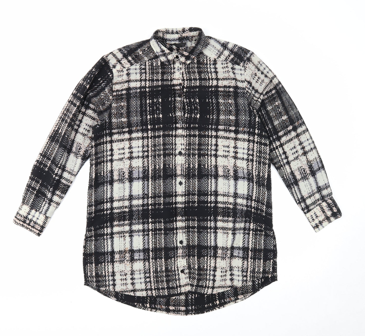 Topshop Womens Black Plaid Polyester Basic Button-Up Size 8 Collared