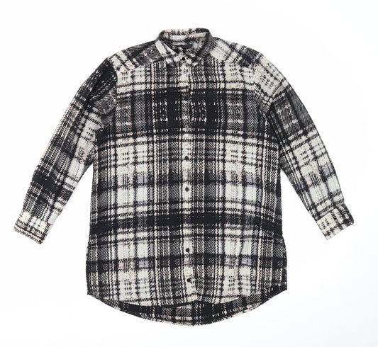 Topshop Womens Black Plaid Polyester Basic Button-Up Size 8 Collared