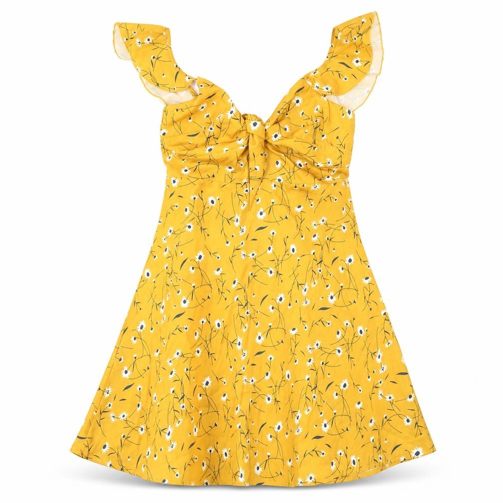 SHEIN Womens Yellow Floral Polyester Fit & Flare Size XS V-Neck Zip