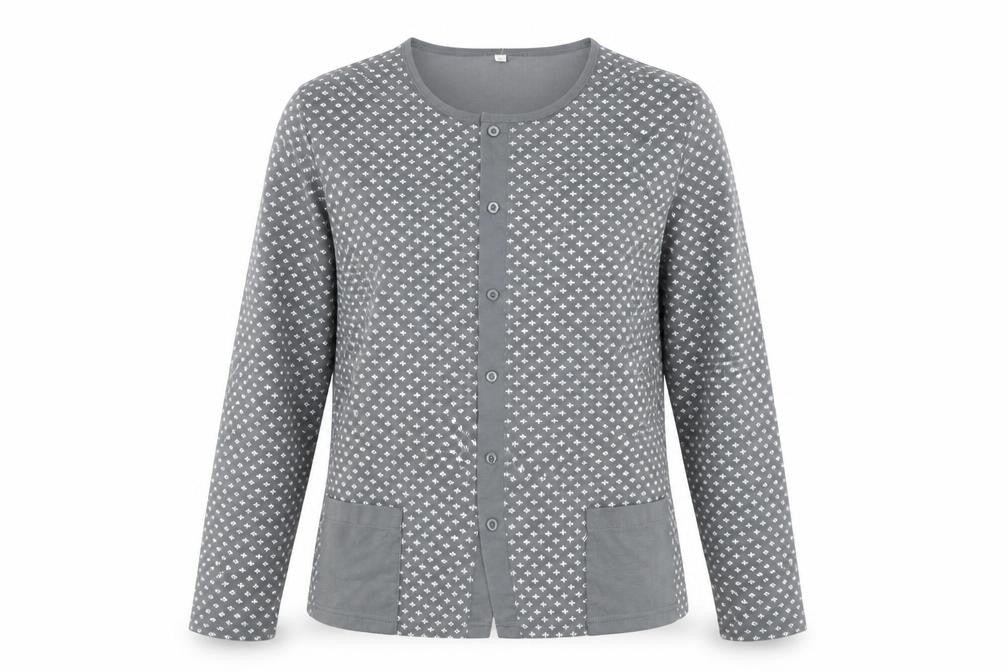 Preworn Womens Grey Geometric Cotton Basic Blouse Size L Round Neck