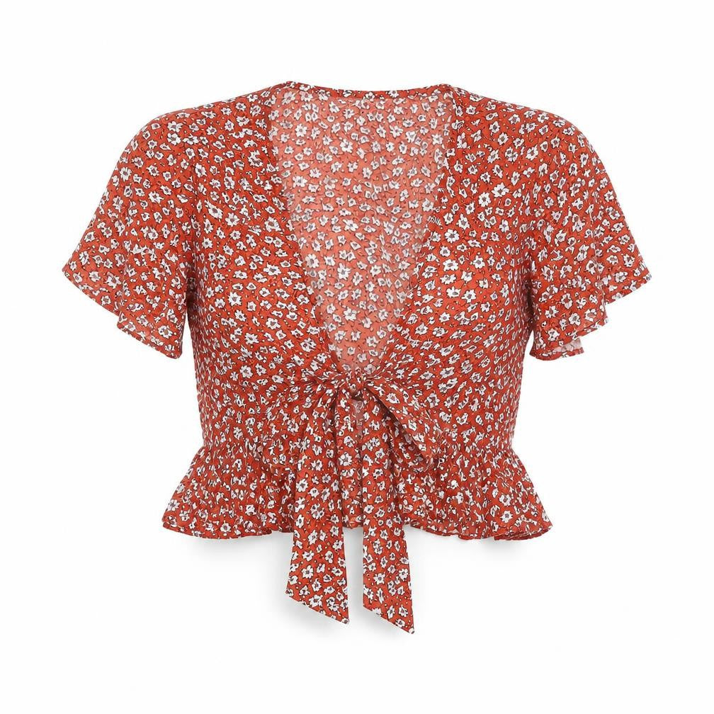 SHEIN Womens Orange Floral Polyester Cropped Blouse Size XS V-Neck