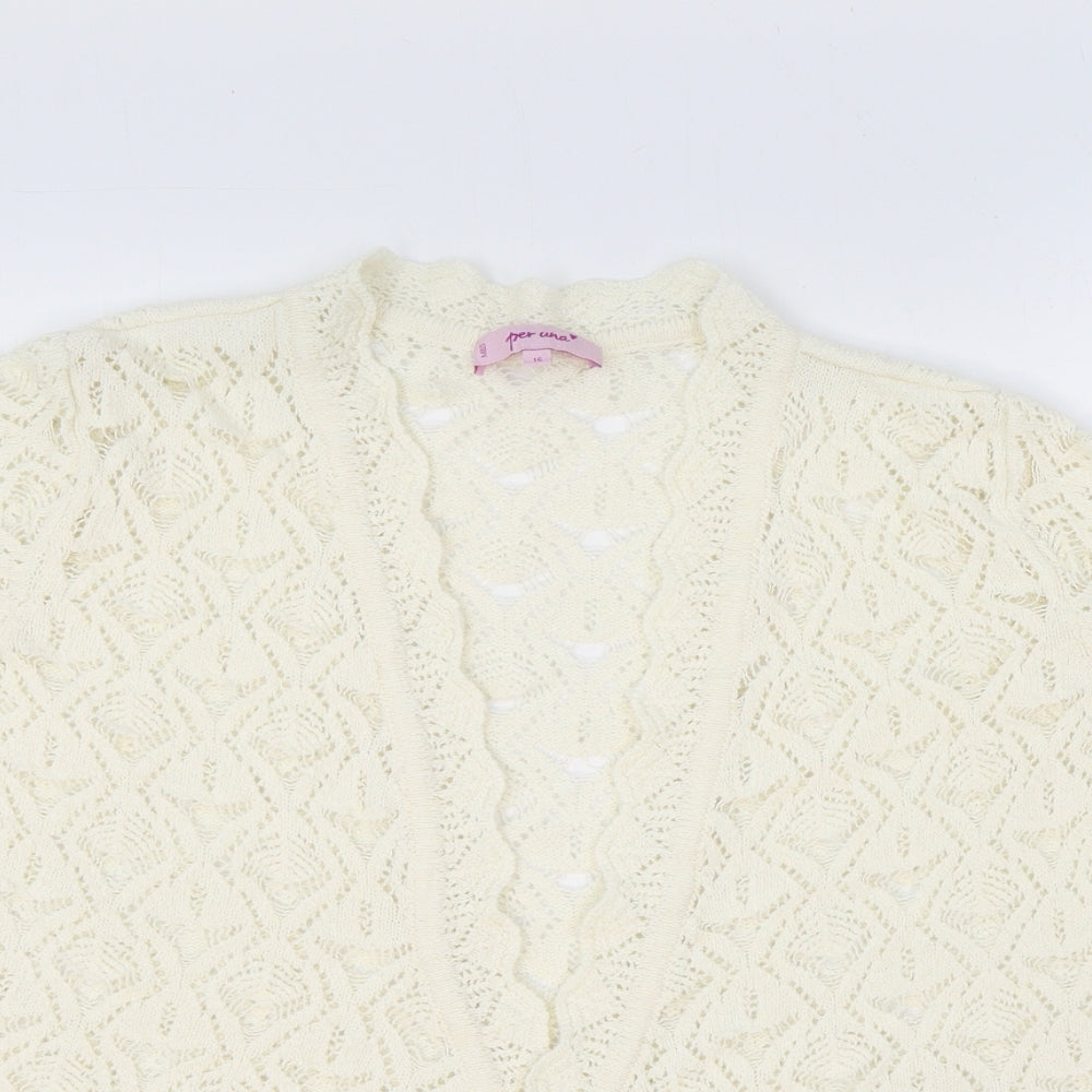 Marks and Spencer Womens Ivory V-Neck Argyle/Diamond Acrylic Cardigan Jumper Size 16 Tie