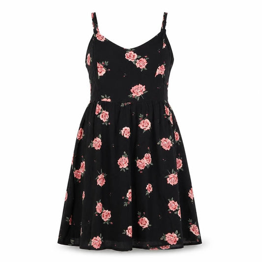 H&M Womens Black Floral Viscose Slip Dress Size 4 V-Neck Pullover - Shirred Back