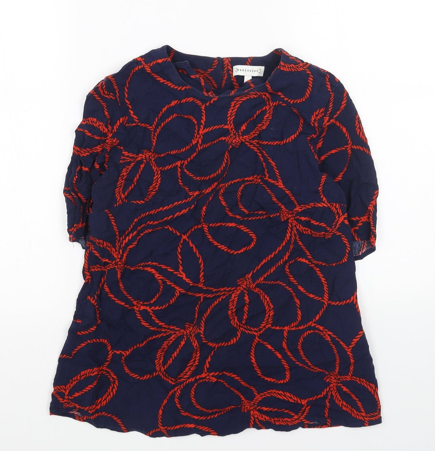 Warehouse Womens Blue Geometric Viscose Basic Blouse Size 6 Round Neck