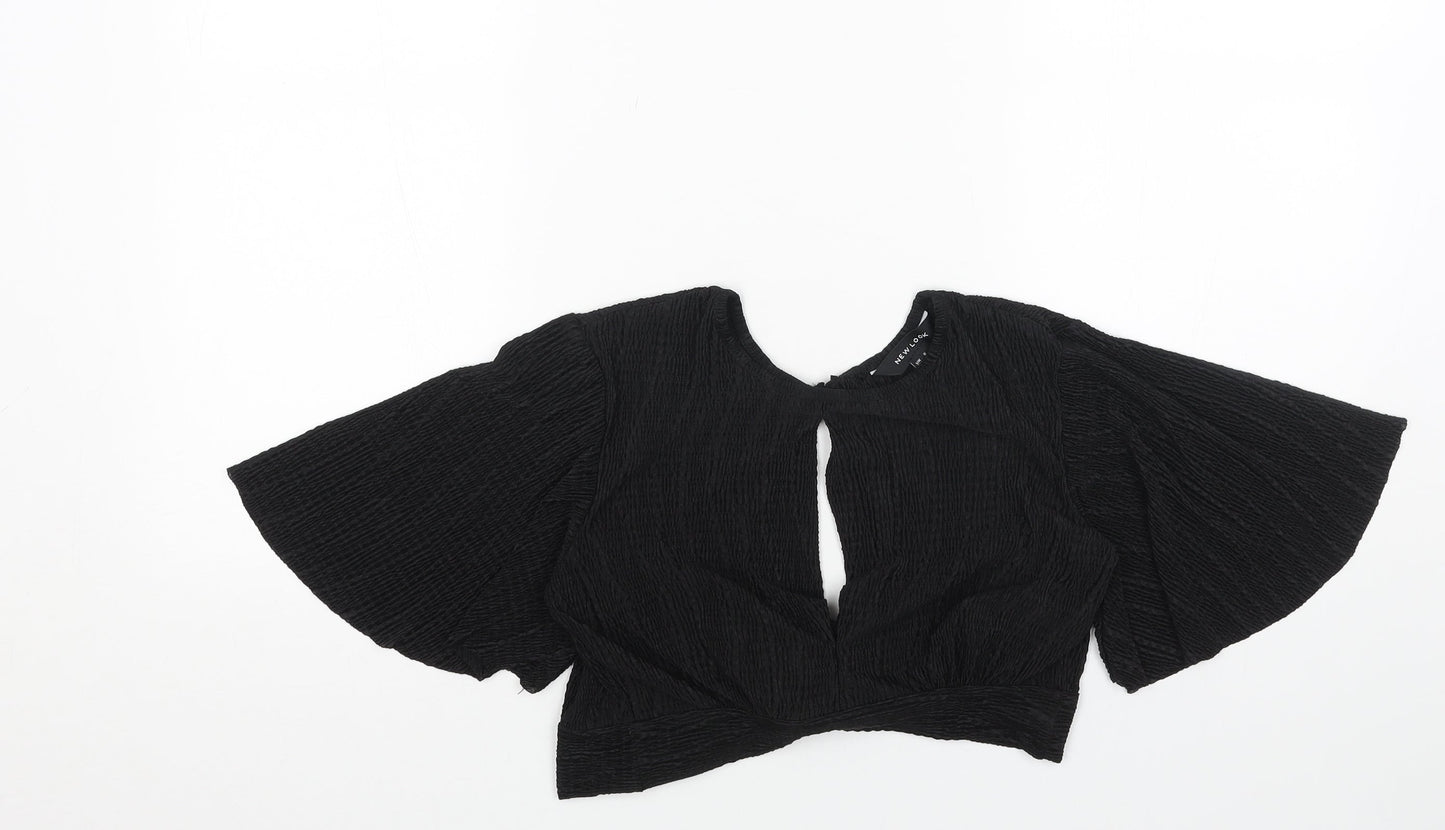 New Look Womens Black Polyester Cropped Blouse Size 8 Round Neck - Cut Out