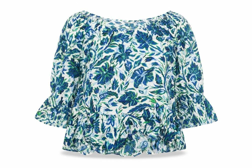 Topshop Womens Blue Floral Viscose Basic Blouse Size 8 Boat Neck