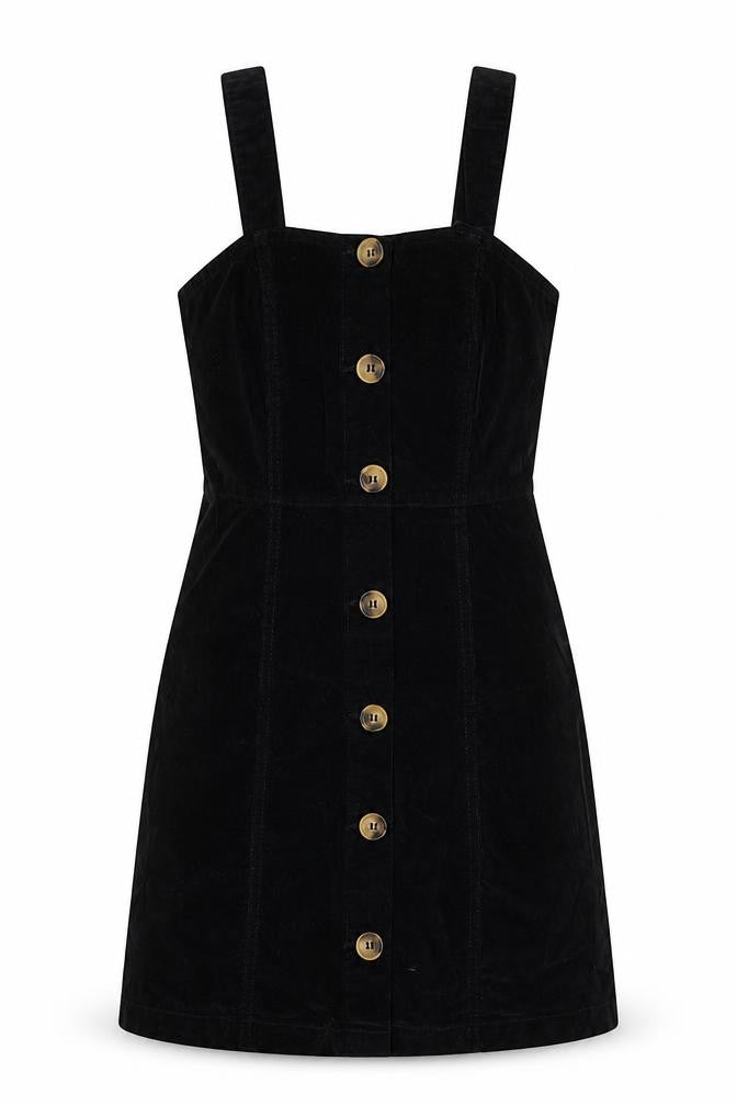 Denim & Co. Womens Black Herringbone Cotton Pinafore/Dungaree Dress Size 6 Square Neck Button