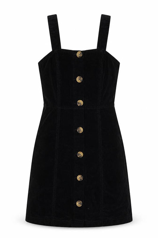 Denim & Co. Womens Black Herringbone Cotton Pinafore/Dungaree Dress Size 6 Square Neck Button