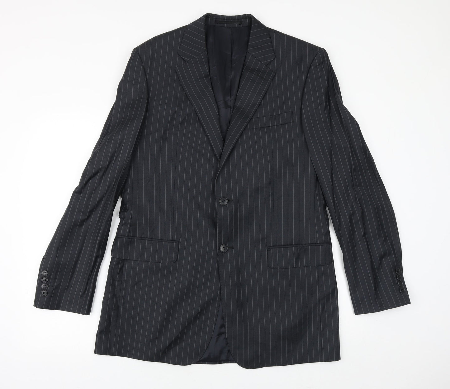 Preworn Mens Black Striped Viscose Jacket Suit Jacket Size 40 Regular