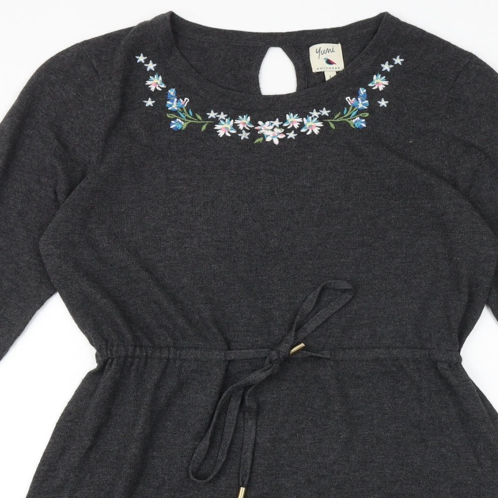 Yumi Womens Grey Floral Polyester Fit & Flare Size L Round Neck Tie