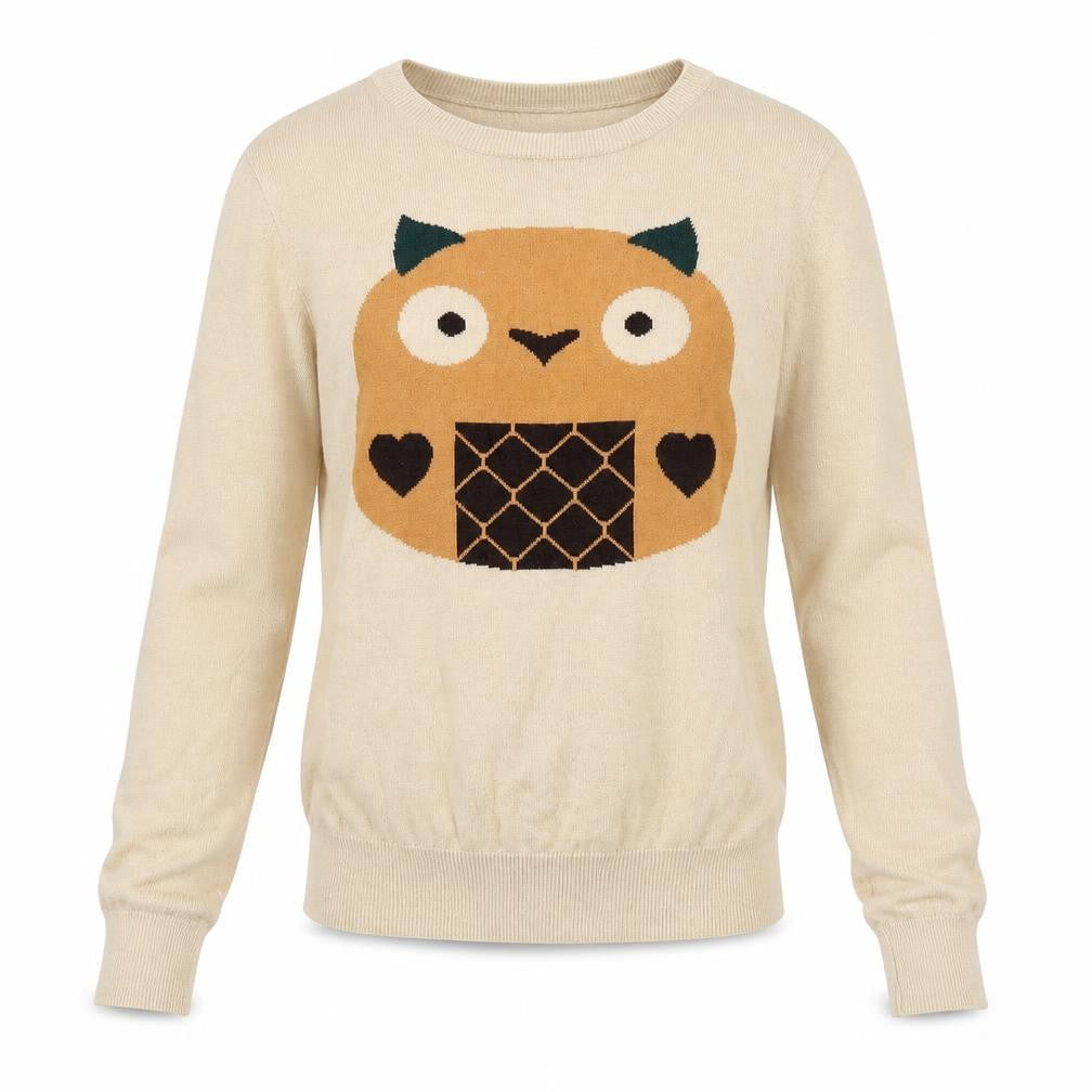 Glamorous Womens Beige Boat Neck 100% Cotton Pullover Jumper Size 6 - Owl