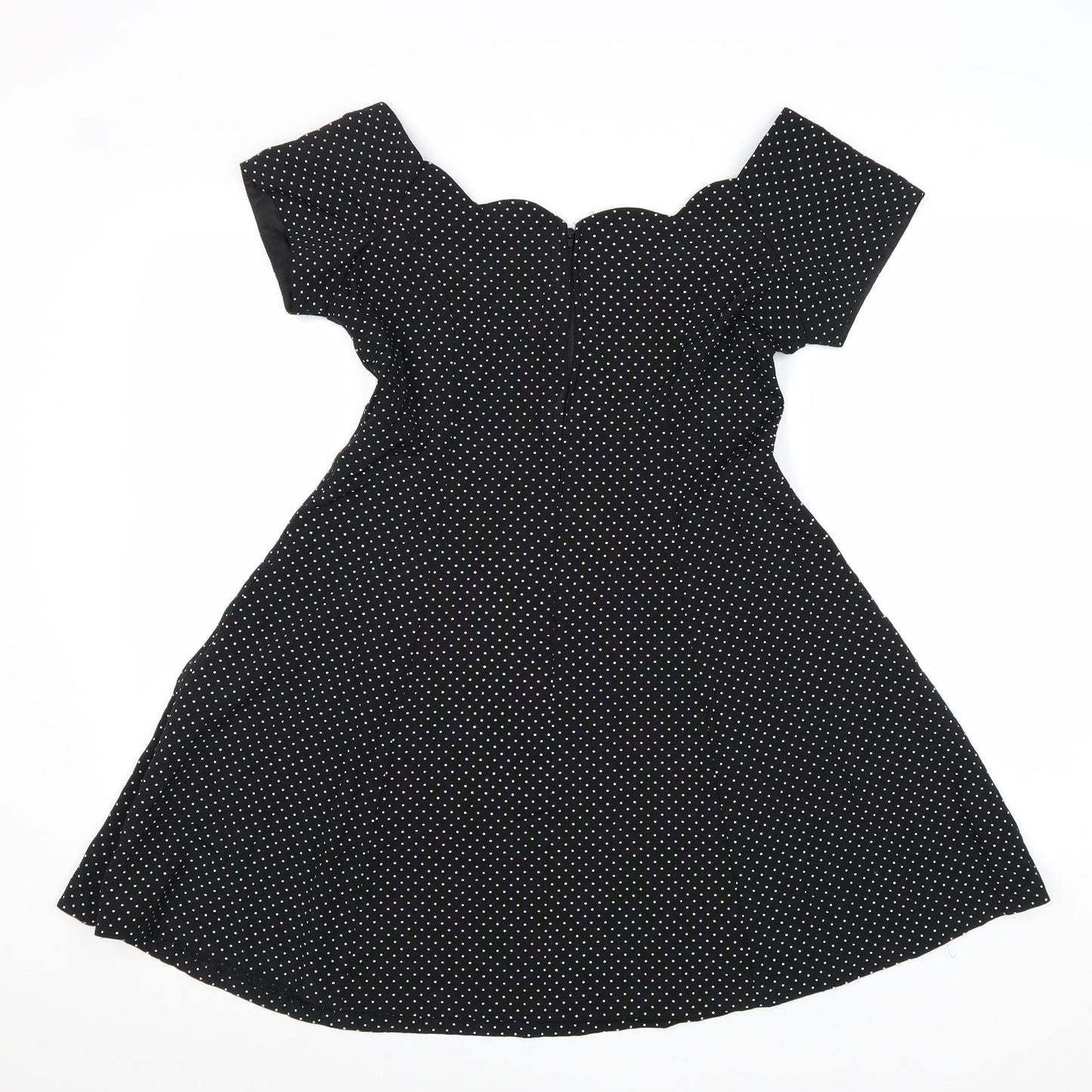 Dramatix Womens Black Polka Dot Viscose Fit & Flare Size 10 Boat Neck Zip - Scalloped Neckline