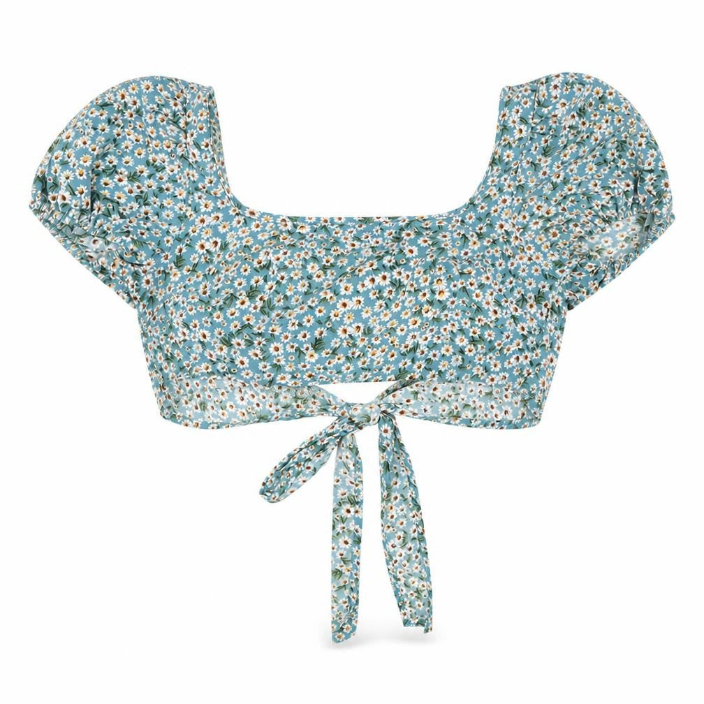 SHEIN Womens Blue Floral Polyester Cropped Blouse Size M Square Neck - Tie Detail
