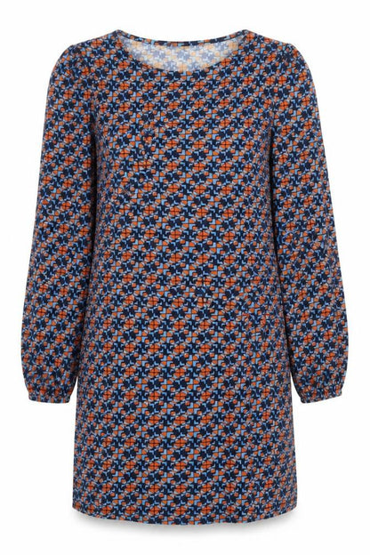 Tu Womens Blue Geometric Polyester A-Line Size 8 Round Neck Pullover