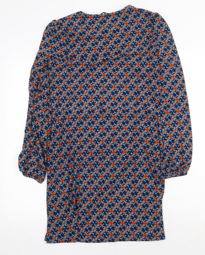 Tu Womens Blue Geometric Polyester A-Line Size 8 Round Neck Pullover