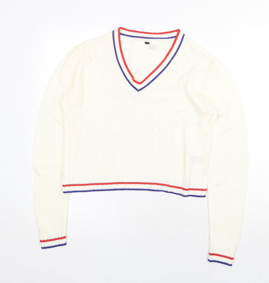 H&M Womens Ivory V-Neck Acrylic Pullover Jumper Size S - Contrasting Trim