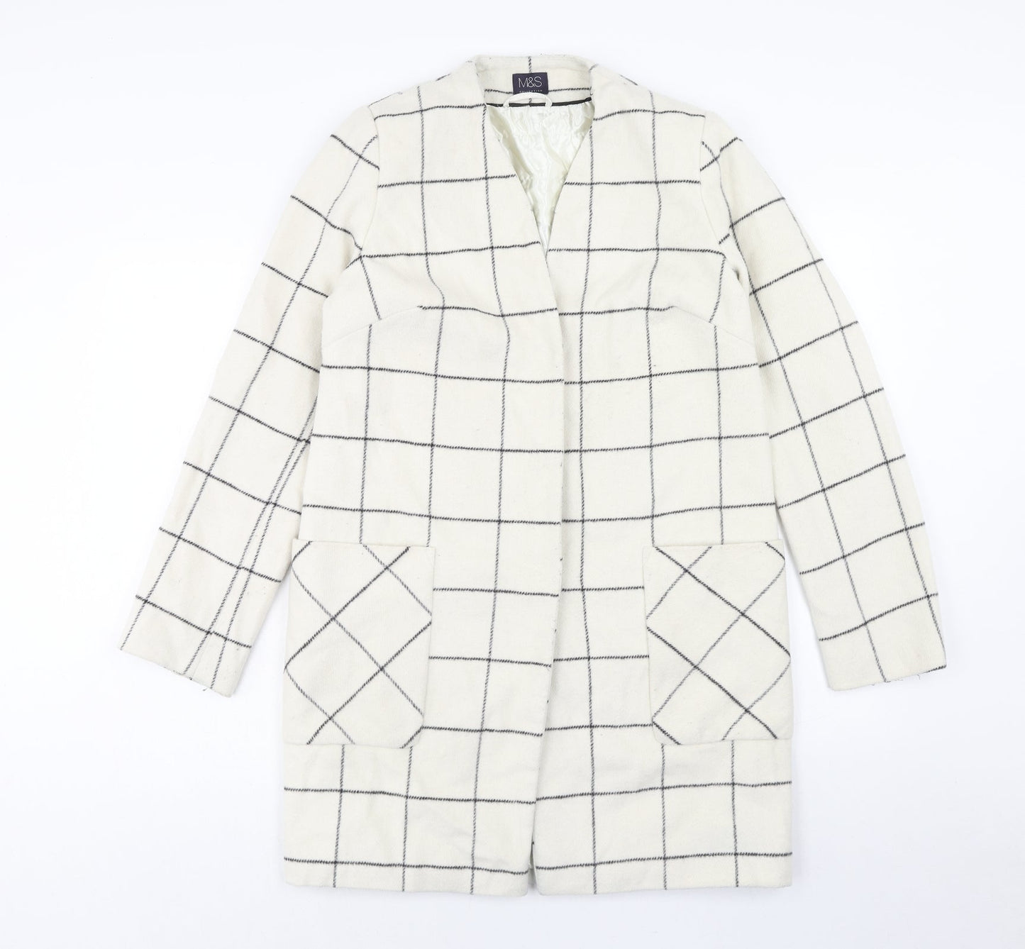 Marks and Spencer Womens Ivory Check Overcoat Coat Size 8 Button