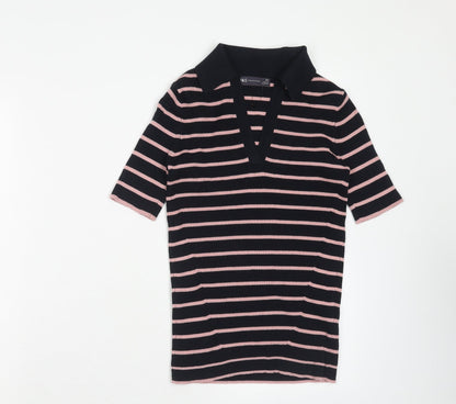 Marks & Spencer Womens Blue Striped Cotton Basic Polo Size XS Collared - Ribbed