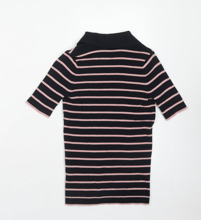 Marks & Spencer Womens Blue Striped Cotton Basic Polo Size XS Collared - Ribbed