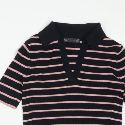 Marks & Spencer Womens Blue Striped Cotton Basic Polo Size XS Collared - Ribbed