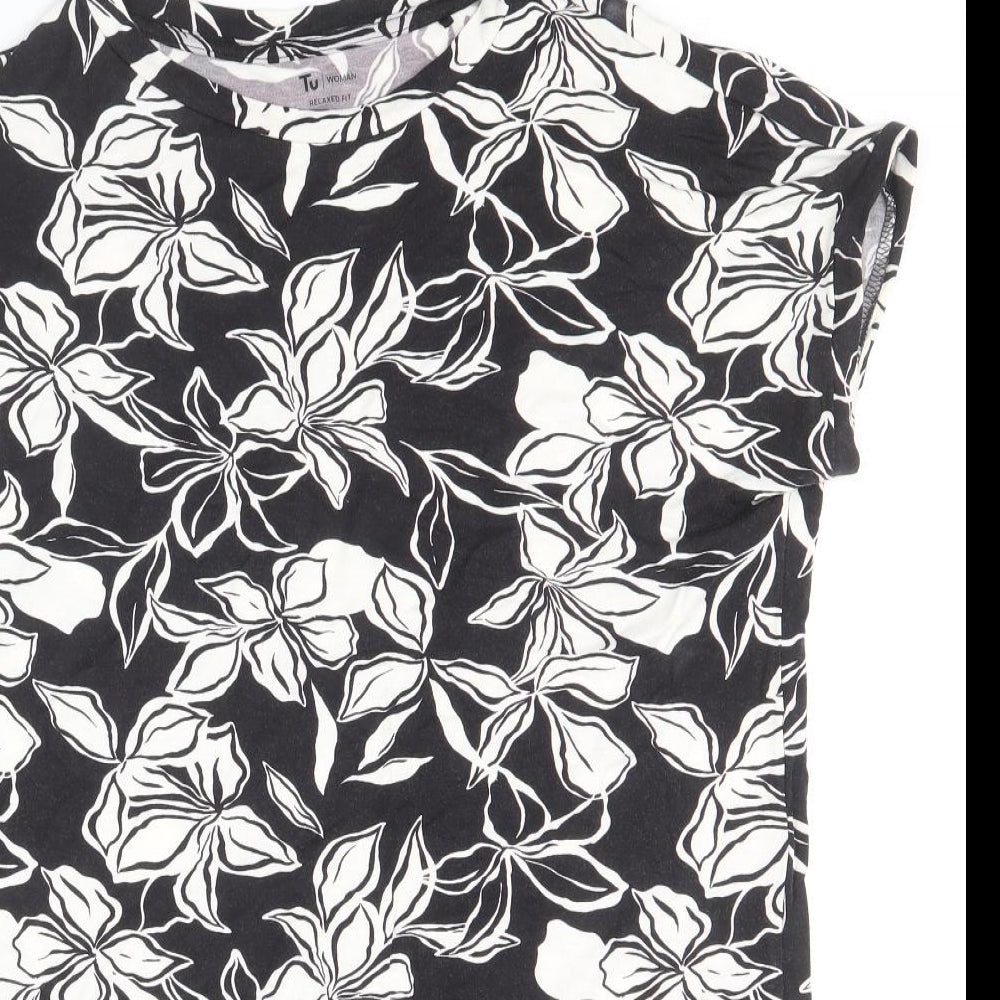 TU Womens Black Geometric Viscose Basic Blouse Size 8 Round Neck