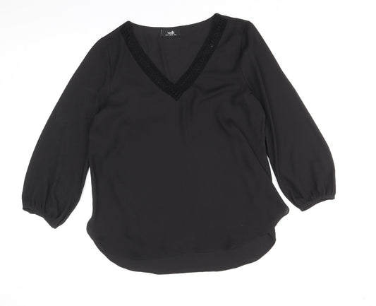Wallis Womens Black Polyester Basic Blouse Size 12 V-Neck - Lace Trim