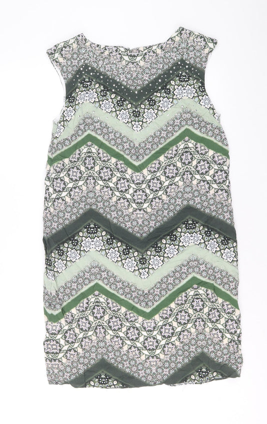 Wallis Womens Green Geometric Viscose Shift Size 8 Boat Neck Button