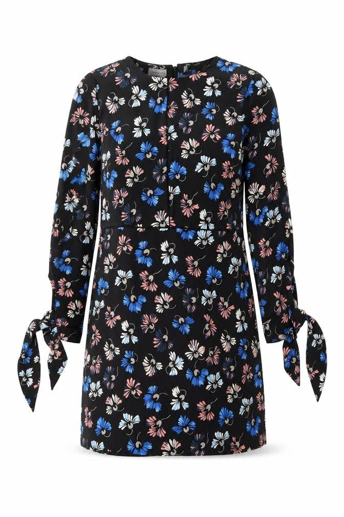 Warehouse Womens Black Floral Polyester Shift Size 14 Scoop Neck Zip - Tie Sleeve Detail