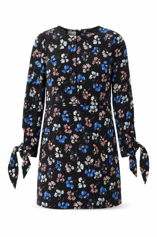 Warehouse Womens Black Floral Polyester Shift Size 14 Scoop Neck Zip - Tie Sleeve Detail