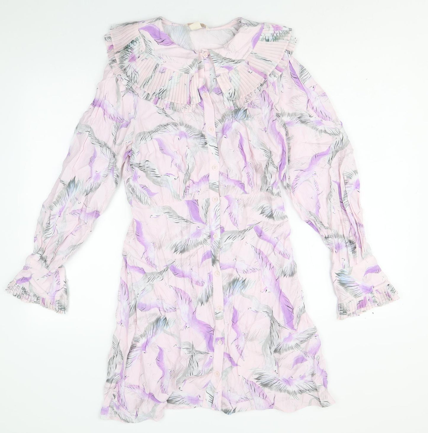 H&M Womens Pink Geometric Viscose Shirt Dress Size 10 Collared Button - Crane Print, Pleated Peter Pan Collar