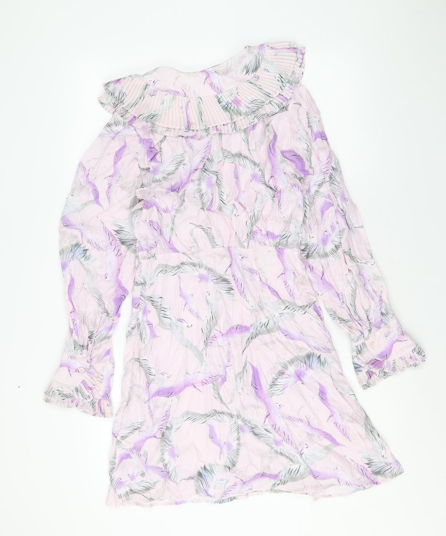 H&M Womens Pink Geometric Viscose Shirt Dress Size 10 Collared Button - Crane Print, Pleated Peter Pan Collar