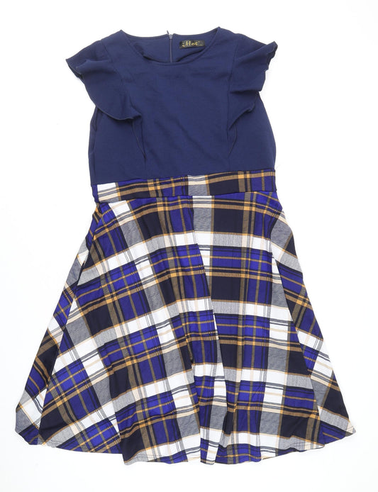 iHot Womens Blue Plaid Polyester Fit & Flare Size 2XL Scoop Neck Zip