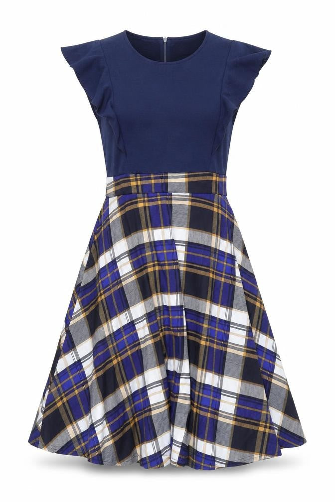 iHot Womens Blue Plaid Polyester Fit & Flare Size 2XL Scoop Neck Zip