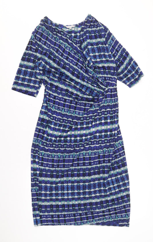 Per Una Womens Blue Geometric Viscose Pencil Dress Size 12 V-Neck Pullover - Side Ruched