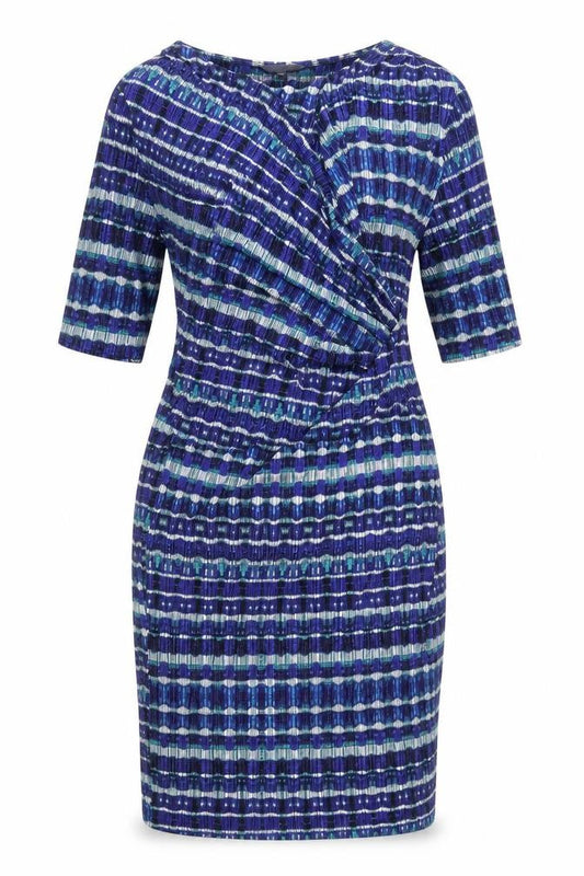 Per Una Womens Blue Geometric Viscose Pencil Dress Size 12 V-Neck Pullover - Side Ruched