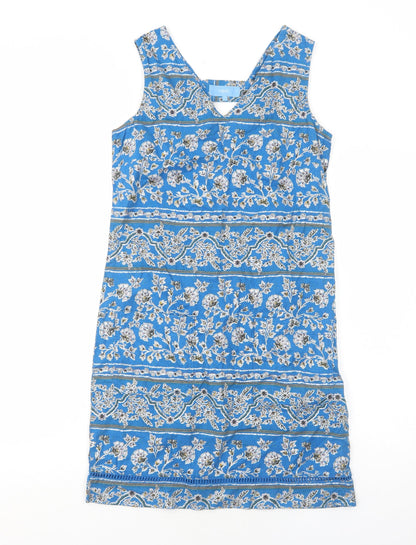 Next Womens Blue Floral Cotton A-Line Size 6 V-Neck Pullover