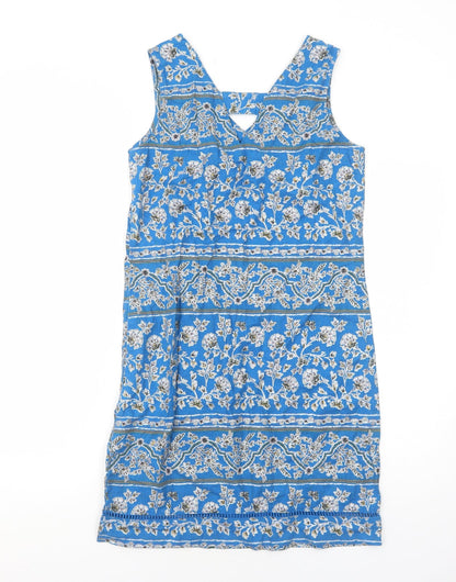 Next Womens Blue Floral Cotton A-Line Size 6 V-Neck Pullover