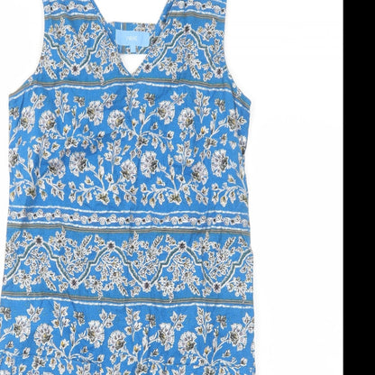 Next Womens Blue Floral Cotton A-Line Size 6 V-Neck Pullover