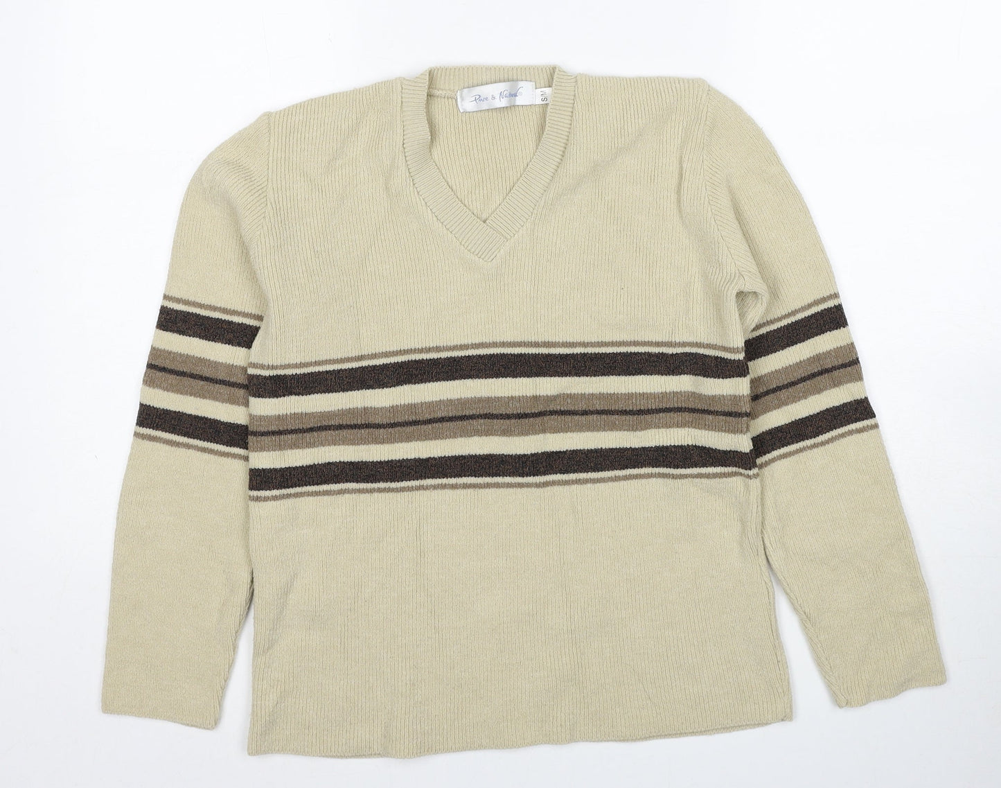Pure & Natural Womens Beige V-Neck Striped Acrylic Pullover Jumper Size S