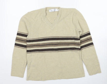 Pure & Natural Womens Beige V-Neck Striped Acrylic Pullover Jumper Size S