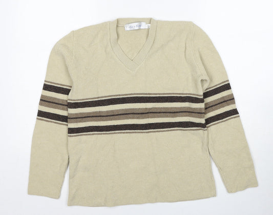 Pure & Natural Womens Beige V-Neck Striped Acrylic Pullover Jumper Size S