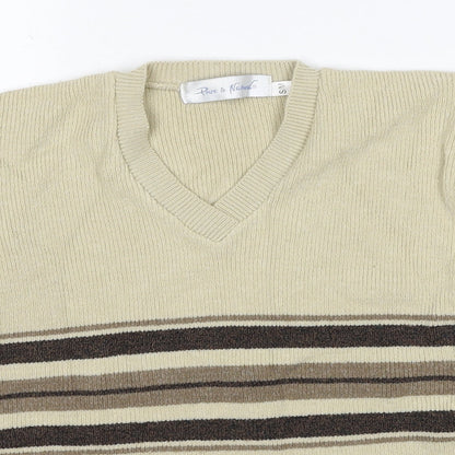 Pure & Natural Womens Beige V-Neck Striped Acrylic Pullover Jumper Size S